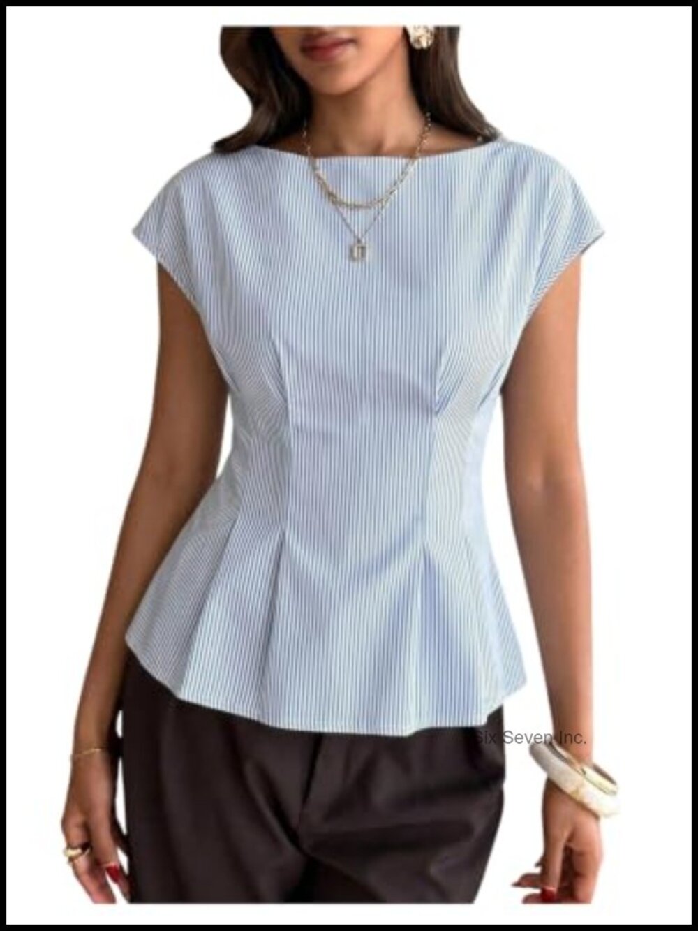 Women's Striped Peplum Boat Neck Blouse Ruffle Hem Work Top